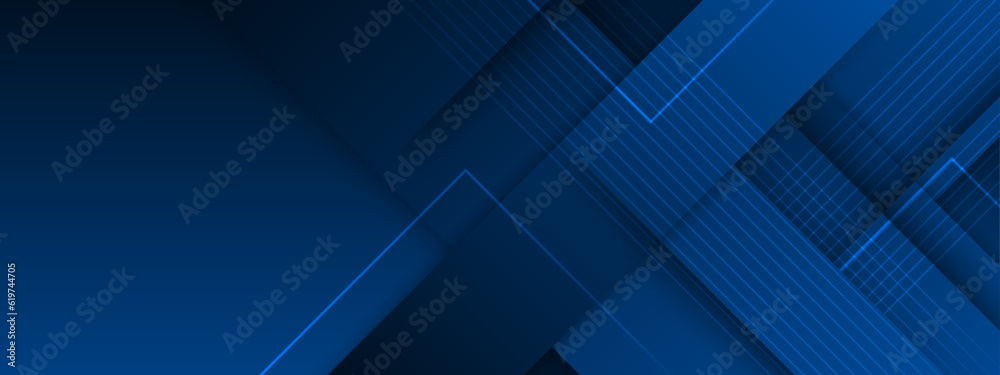 Blue color square pattern on banner with shadow. Abstract blue geometric background with copy space.