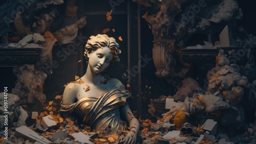 Sad emotional scene of a neoclassical French marble statue broken in a fallen war torn city, charred and burnt surrounded by destroyed building ruins - generative AI