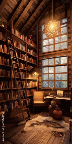 old books in wooden cozy library - by generative ai