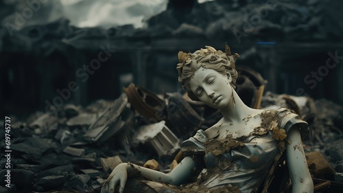 Sad emotional scene of a neoclassical French marble statue broken in a fallen war torn city, charred and burnt surrounded by destroyed building ruins  - generative AI