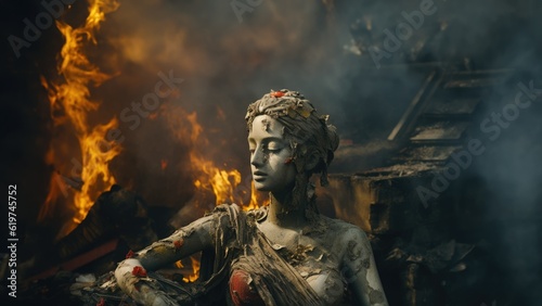 Sad emotional scene of a neoclassical French marble statue broken in a fallen war torn city, charred and burnt surrounded by destroyed building ruins  - generative AI © SoulMyst