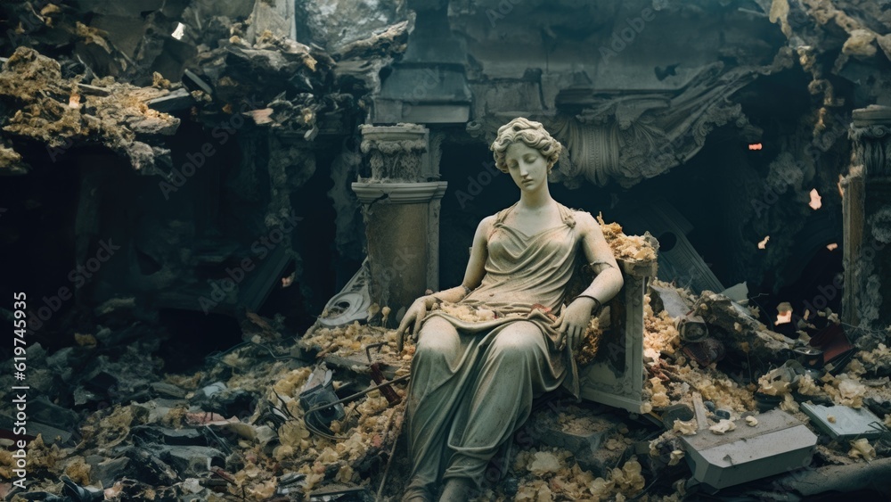 Sad emotional scene of a neoclassical French marble statue broken in a fallen war torn city, charred and burnt surrounded by destroyed building ruins  - generative AI