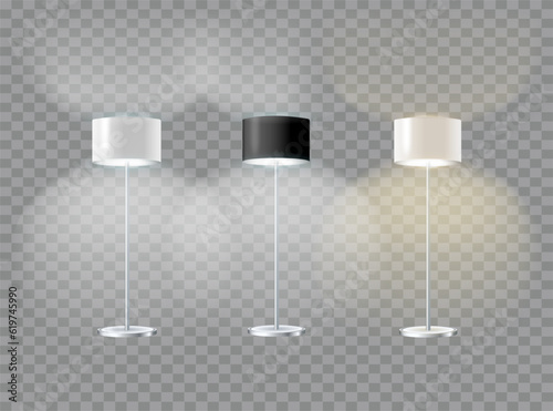 Realistic floor lamp. modern electric torchere with light isolated on transparent background. illustration light furniture set for illumination interior. Vector
