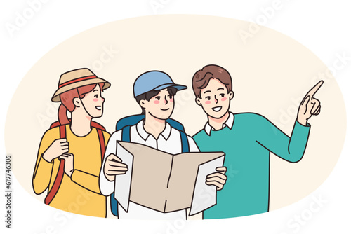 Local man help travelers couple find way. Male show tourists right way or direction. Journey and adventure problem. Travel and tourism. Vector illustration.