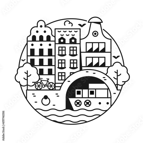 Travel Amsterdam Circle Icon in Line Art