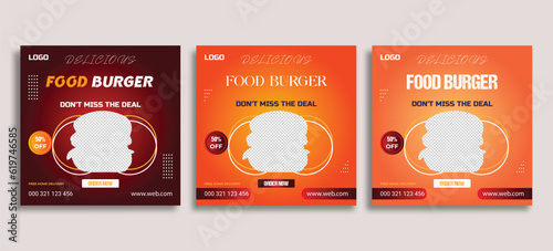 Social media food template, Restaurant social media square banner template for business promotion, Burger social media feed post template 