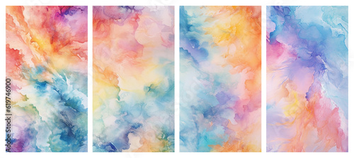 Set of backgrounds in the same style of watercolor abstract painting glazing spots brush strokes with multi-colored paint, AI generated © OlgaChan