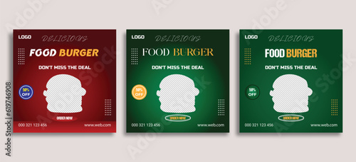 Social media food template, Restaurant social media square banner template for business promotion, Burger social media feed post template 