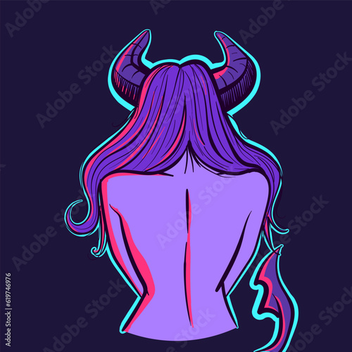 Illustration of a neon demon woman's back with horns and a tail. Vector of a devil girl backview under ultraviolet lights