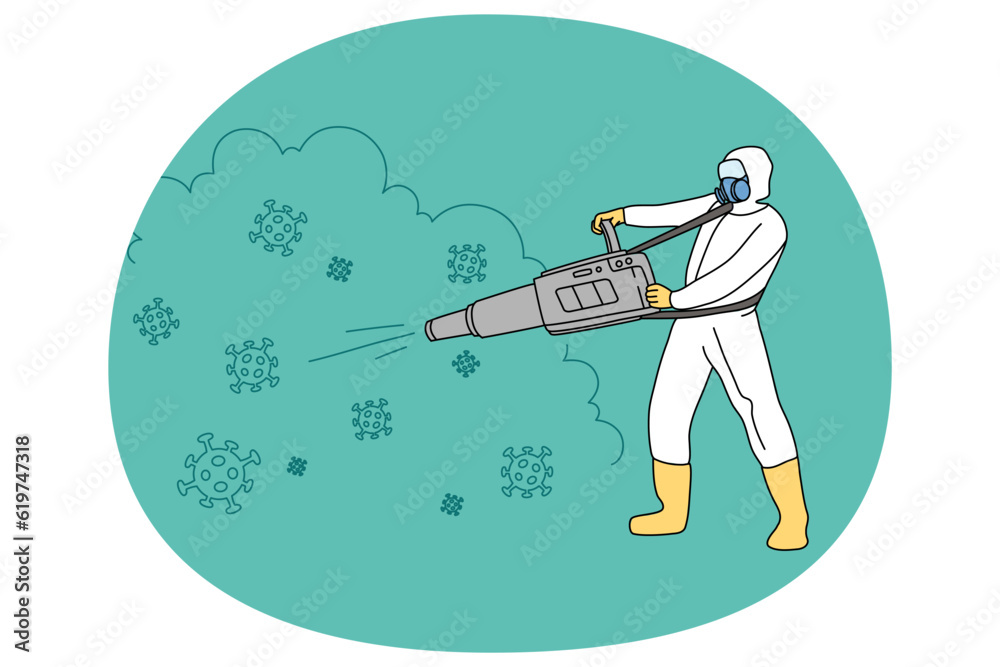 Obraz premium Man worker in protective suit disinfect surroundings from infection. Male employee in uniform involved in disinfection. Epidemic virus killing. Vector illustration.