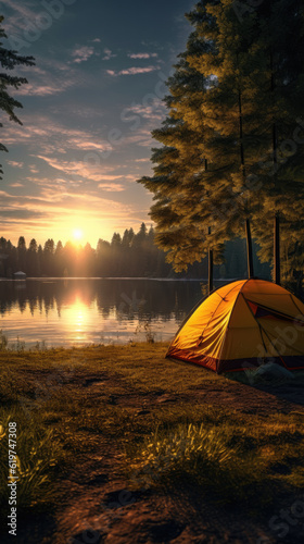 Camping tent next to a lake at sunset photo