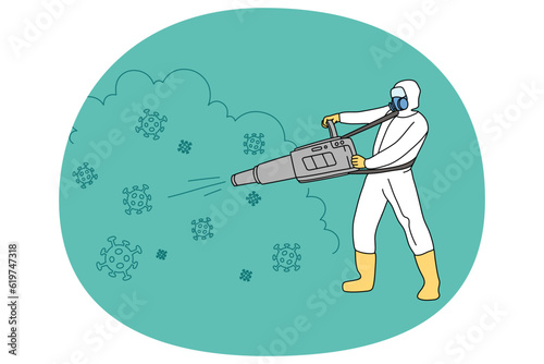 Man worker in protective suit disinfect surroundings from infection. Male employee in uniform involved in disinfection. Epidemic virus killing. Vector illustration.