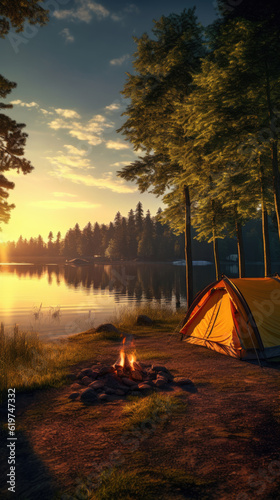 Camping tent next to a lake at sunset © mbruxelle