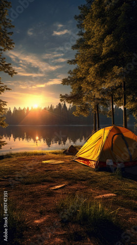 Camping tent next to a lake at sunset photo