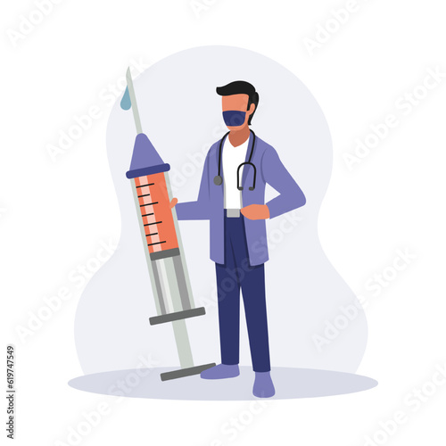 Man in medical uniform standing near big syringe. Protection from pandemic outbreak. Concept of antiviral vaccination. Boosting immune system health. Vector flat illustration in blue colors