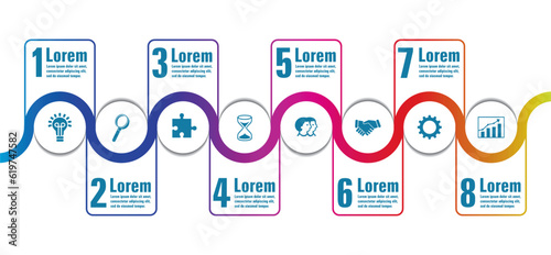 Infographic with collection of icons. Winding road. Eight steps template. Project or business plan. Vector illustration.