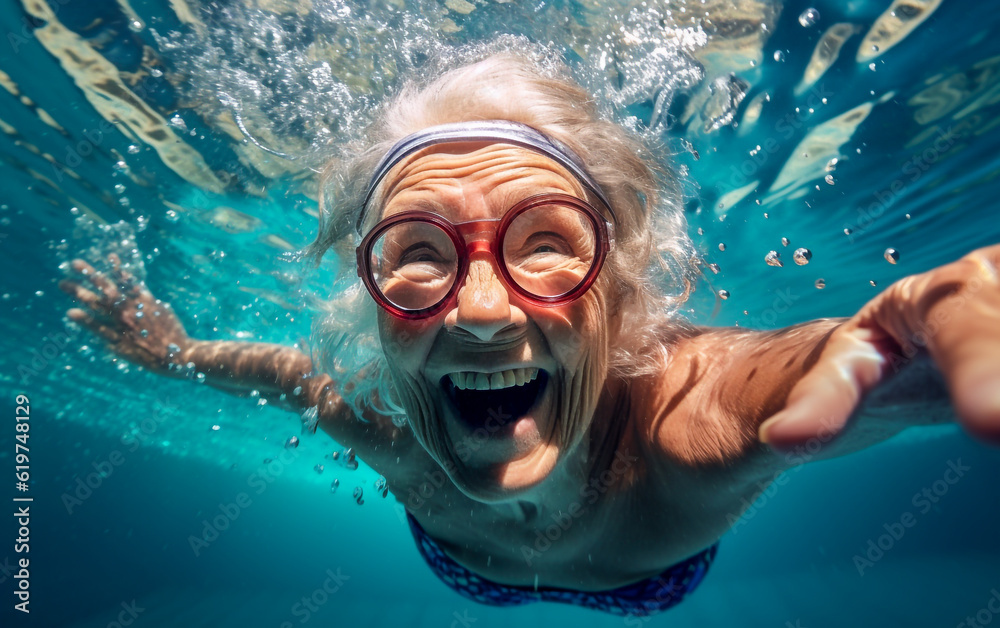 Fototapeta premium Elderly woman swimming underwater. Happy elderly enjoying summer vacation