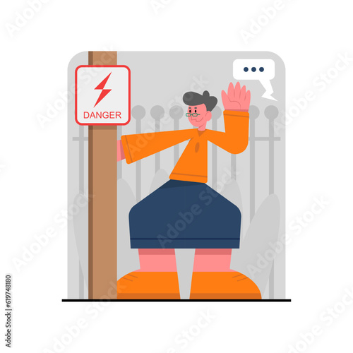 Old lady standing near electrical panel and preforming repairs. Concept of housekeeping and retirement. Happy old age. Flat vector illustration in cartoon style