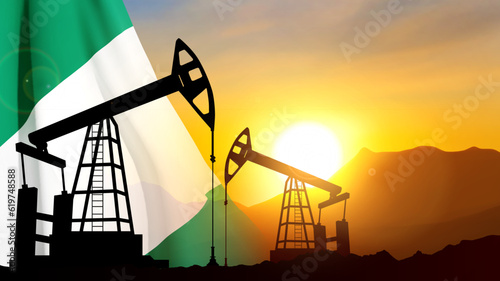 Silhouette of Oil pump. Industrial machine for petroleum on background of sunset. Nigeria Oil Industry concept. EPS10 vector