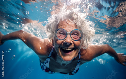 Elderly woman swimming underwater. Happy elderly enjoying summer vacation © Giordano Aita