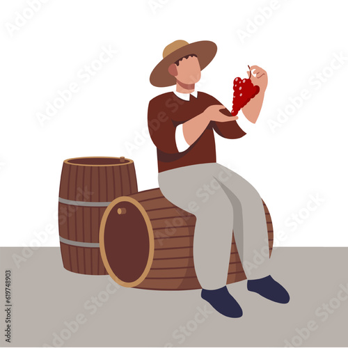 Farmer sits on barrel of wine and holding bunch of grapes. Wine production industry. Process of winemaking and tasting using organic grapes. Vector in brown and blue colors