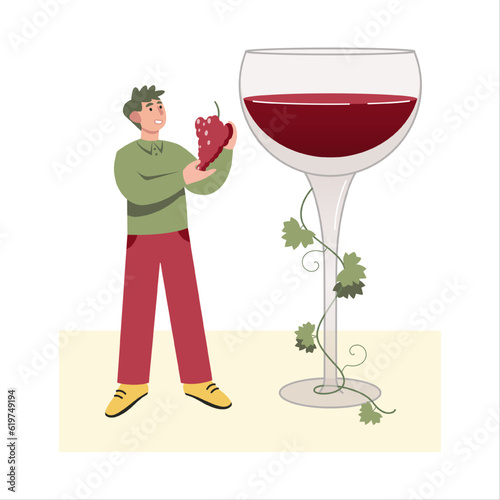 Young man holding bunch of grapes, standing near huge glass of wine. Concept of production wine from natural ingredients. Vector flat illustration in red and green colors