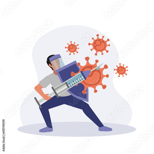 Male doctor standing with shield and syringe and protecting from viruses. Concept of antiviral vaccination. Boosting immune system health. Vector flat illustration in blue colors