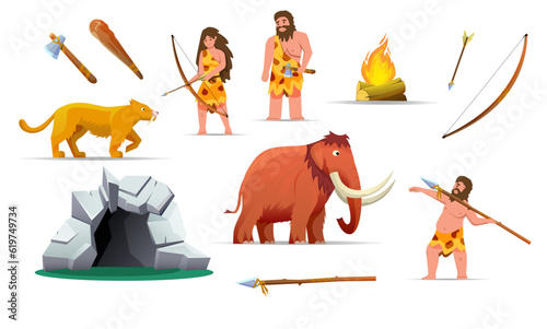Fotografiet Cavemen, people from the stone age, ancient animals collection of stylized carto