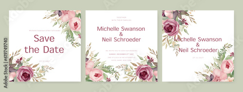 Fototapeta Naklejka Na Ścianę i Meble -  Beautiful floral wedding invitation template with flower and leaves decoration