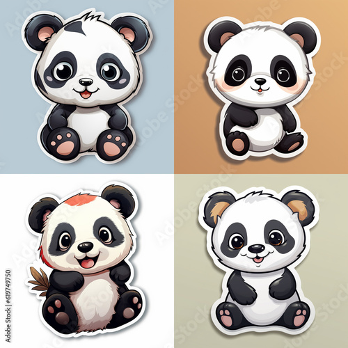 Drawn pandas on different backgrounds. Cartoon pandas on blue  white  orange and beige backgrounds. Krlage of four pandas.