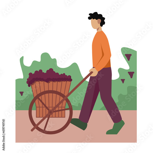 Man carry cart full of grapes in garden. Manufacturing organic wine. Process of growing organic grapes to make alcohol drinks. Wine production industry. Vector flat illustration in green colors