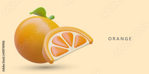 3D mandarin whole and cut. Ripe summer fruit, ready to eat. Slice of juicy orange. Time to enjoy natural vitamin sweets. Vector poster in cartoon style