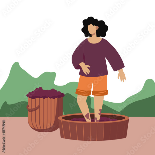 Female pressing grapes with feet, working in garden. Manufacturing organic wine. Process of growing organic grapes to make alcohol drinks. Wine production industry. Vector flat illustration