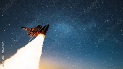 Fototapeta Naklejka Na Ścianę i Meble -  Spaceship rocket shuttle successfully takes off with blast and puffs of smoke into starry space. Successful start of the space mission and launch of the rocket to Mars. Lift off, concept,
