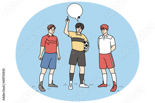 Referee with football players announce fair play on field. Sports activity concept. Men playing football outdoors. Flat vector illustration.