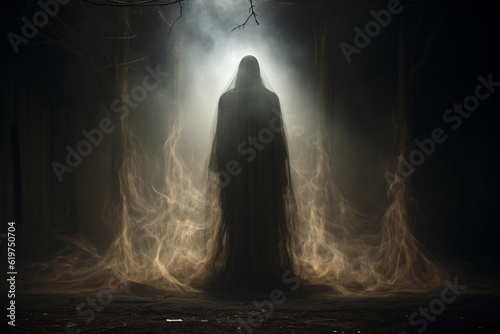a spectral form emerging from the shadows, symbolizing the lingering presence of the supernatural in our world. Generative AI