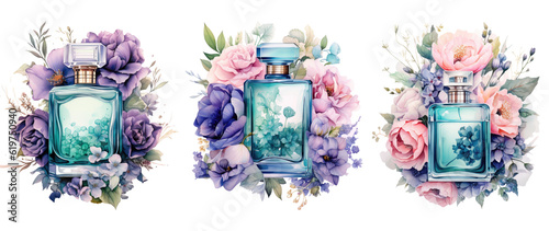 Fototapeta Naklejka Na Ścianę i Meble -  Floral perfume bottle watercolor clipart. Generative AI