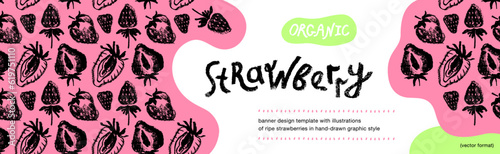 Template label design with hand drawn illustrations of ripe strawberries vector. Strawberry pattern seamless. Red berries for vegan banner, juice, jam label design. Strawberry smoothie background.