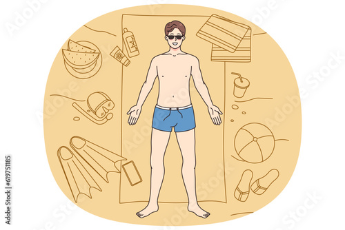 Top view of happy young man in swimwear lying on towel on beach enjoying summer vacations. Smiling guy relax on seaside during summertime holidays. Travel and tourism. Vector illustration.