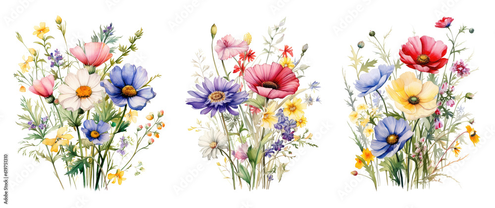 Watercolor wild flowers bouquet. Generative AI