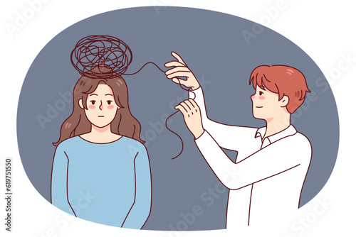 Psychologist work with woman patient unravel confused thoughts in head. Unhappy tired female having session with psychotherapist. Psychotherapy. Vector illustration.