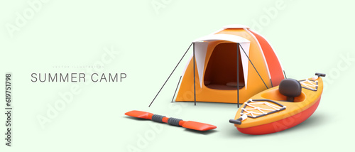Summer camp. 3D bright tent, kayak, oar. Time to travel and rest. Vacation on river, lake. Color poster for tourism business. Concept for camping equipment store