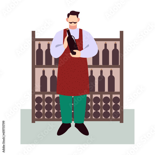 Man in apron holding bottle of wine, standing near wine rack. Production wine from natural ingredients. Time for making organic wine. Vector flat illustration in brown and green colors