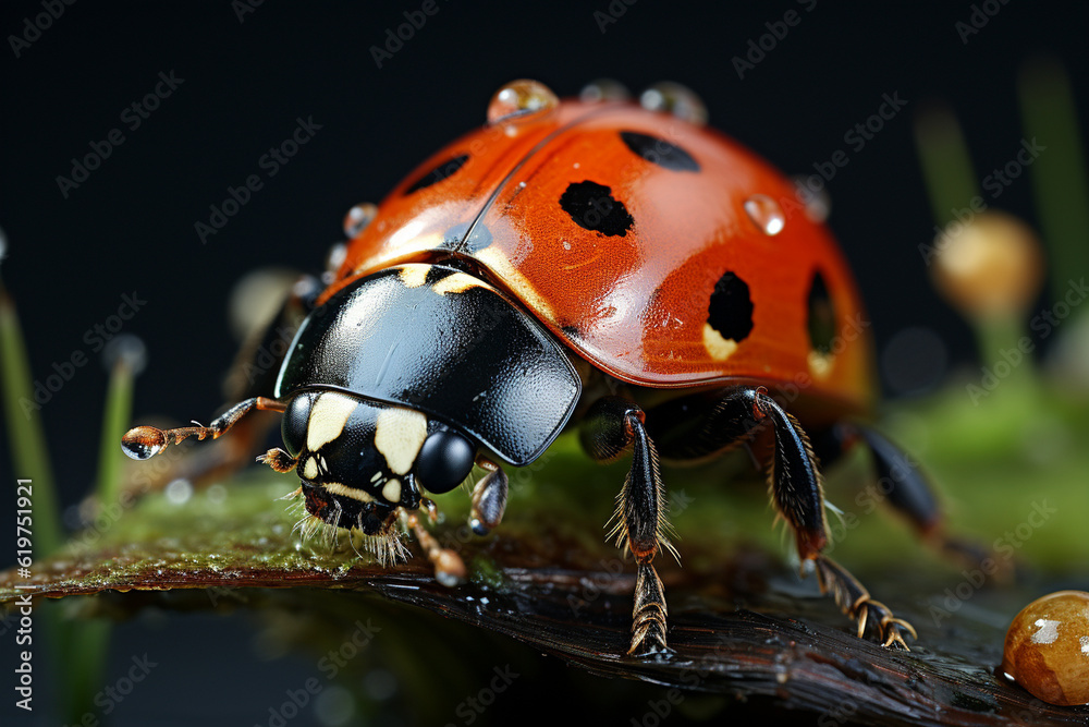 Obraz premium Close-up of a ladybug crawling on a blade of grass, macro, image should convey playfulness Wallpaper Generative AI