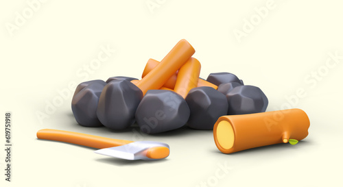 Prepared place for campfire. 3D ax, bunch of logs surrounded by black smoky stones. Safe overnight camping. Resting by bonfire. Classic tourism. Color template for web design