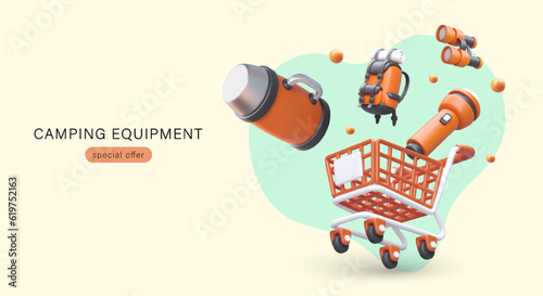 Equipment for camping. Shopping cart filled with tourist accessories. Advertising template with 3D illustration in cute style. Special offer. Promotional banner