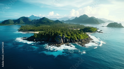 Drone shot of a beautiful tropical island in the ocean created with generative ai