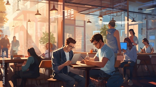 Interior Of Coffee Shop With Customers Using Digital Devices
