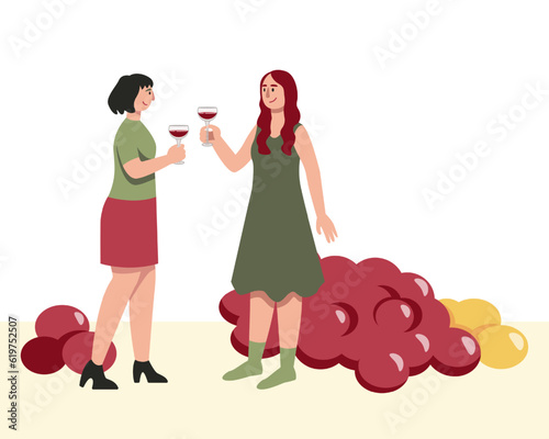 Female friends holding glass of drink and tasting organic wine. Concept of production wine from natural ingredients. Drinking alcohol drinks together. Vector flat illustration in red and green colors