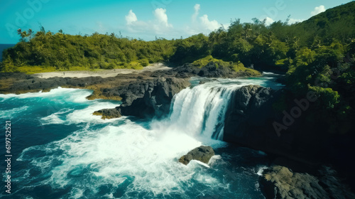 Drone shot of a beautiful waterfall on a tropical island in the ocean created with generative ai